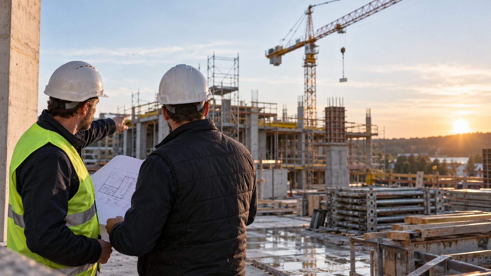 Bauleiter und Bauherr mit Bauplan vor einem Rohbau mit Kran