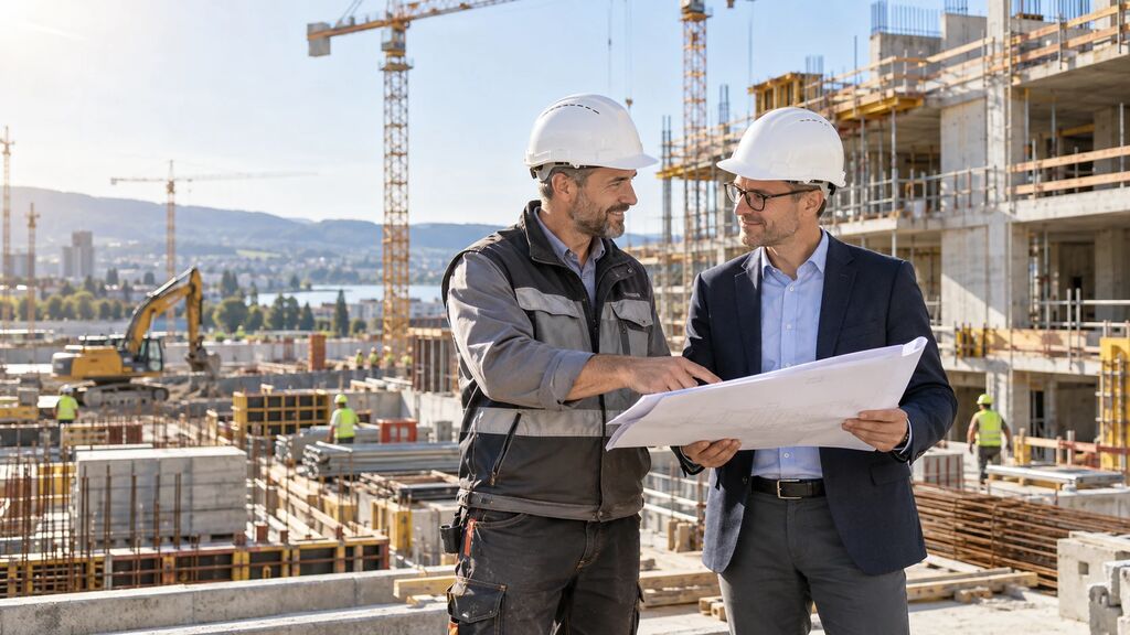 Bauleiter und Handwerker besprechen den Bauplan auf einer Baustelle