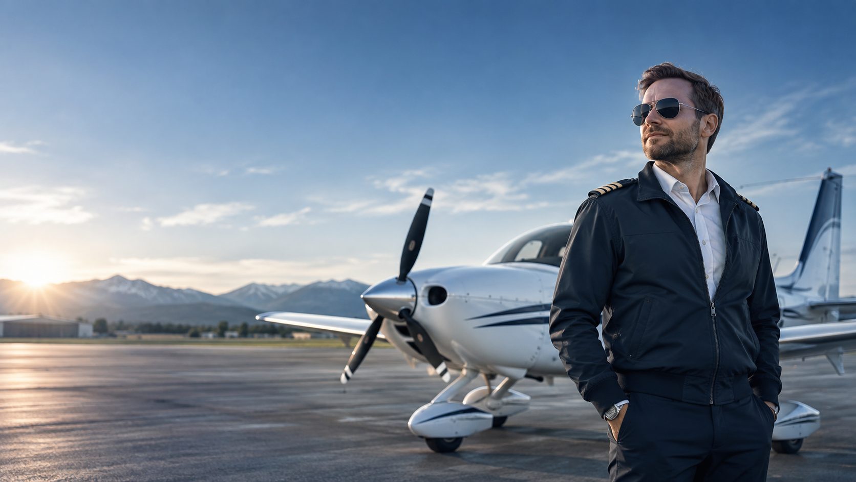 Pilot vor einem Kleinflugzeug bei Sonnenuntergang
