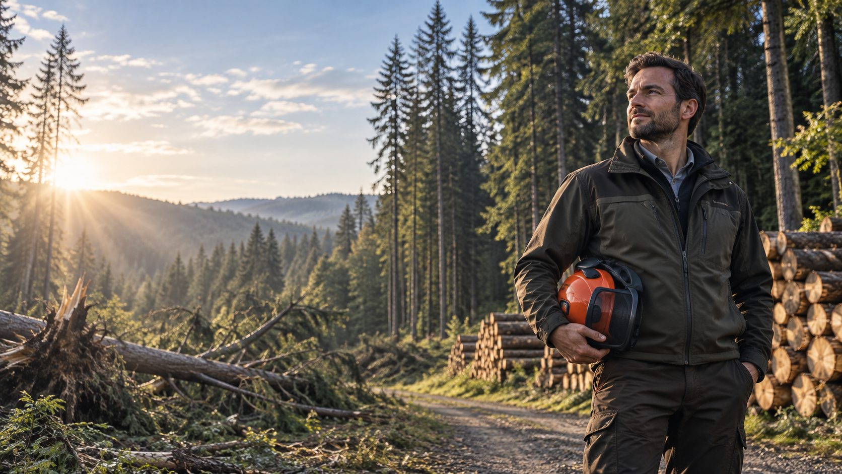 Waldbesitzer mit Forsthelm vor frisch geschlagenem Holz im Nadelwald